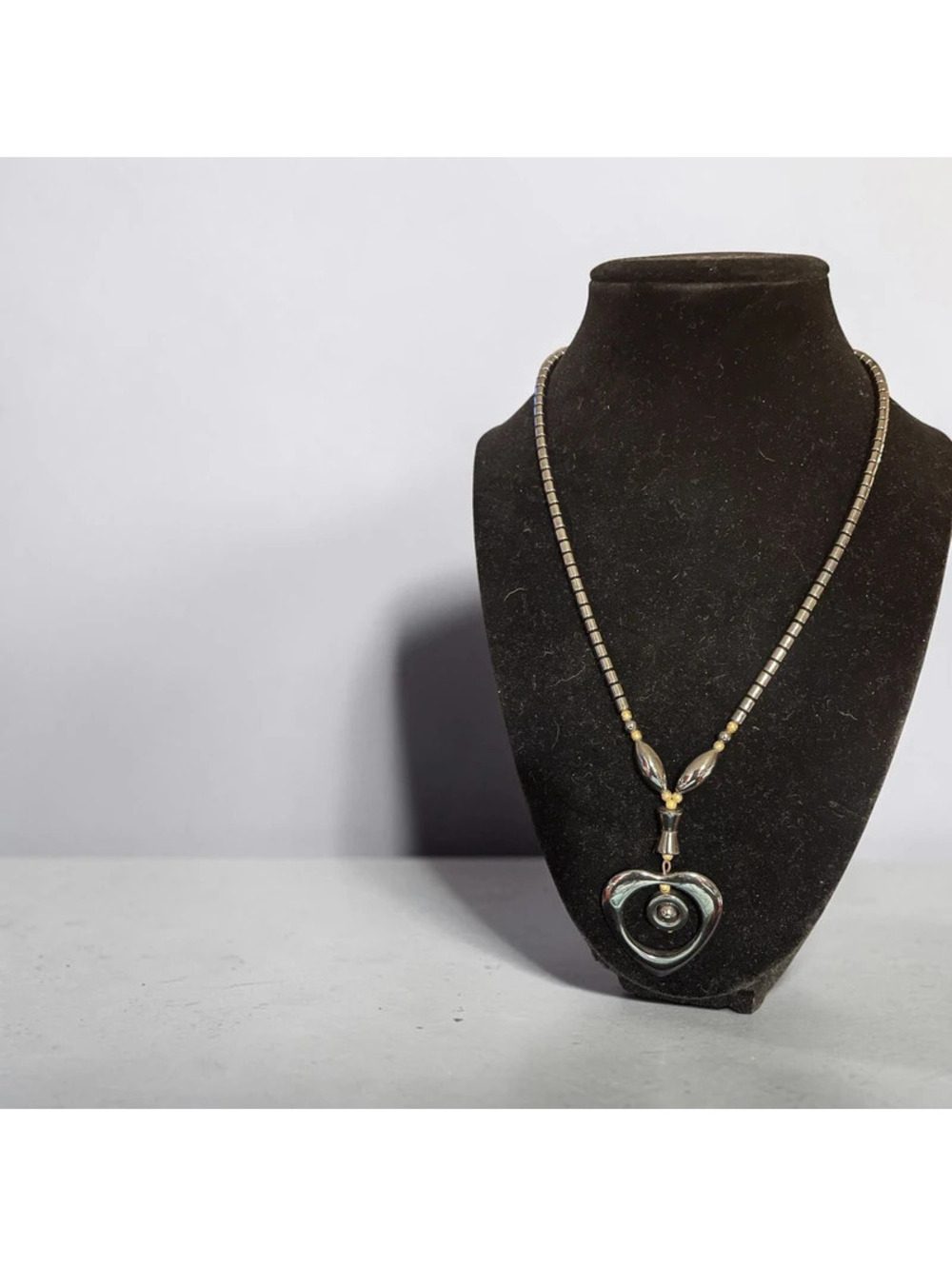 Vintage Hematite Beaded Necklace with (Heart Pendant)